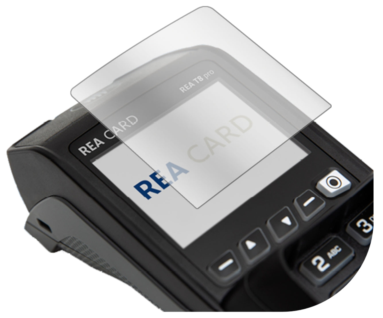 REA CARDT8 pro Terminal mit aufgebrachter dipos Displayschutzfolie, glasklare Darstellung ohne Einschränkungen