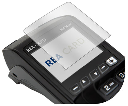 REA CARDT8 pro Terminal mit aufgebrachter dipos Displayschutzfolie, glasklare Darstellung ohne Einschränkungen