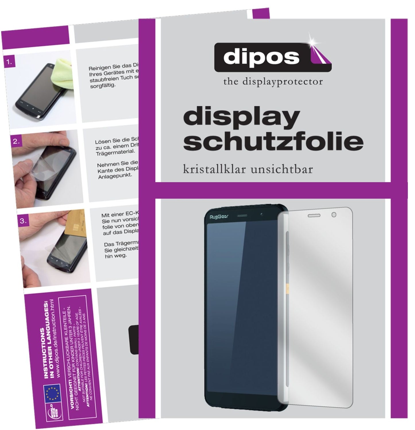RugGearRG850 mit aufgebrachter dipos Displayschutzfolie, glasklare Darstellung ohne Einschränkungen