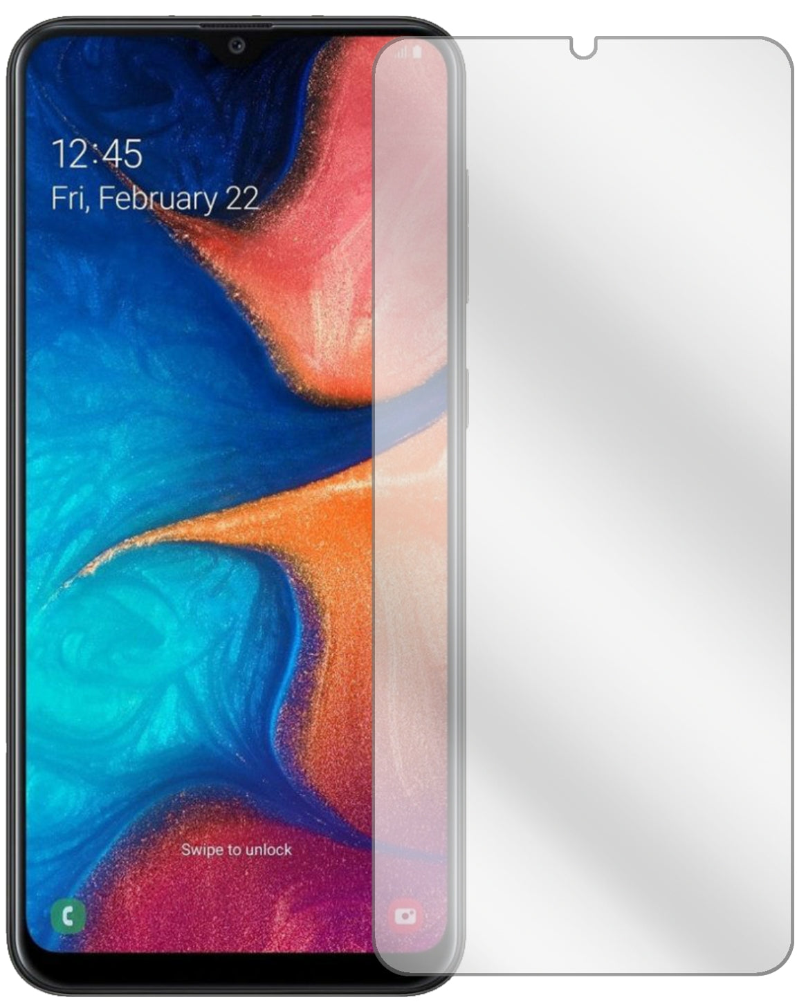 SamsungGalaxy A20 mit aufgebrachter dipos Displayschutzfolie, glasklare Darstellung ohne Einschränkungen