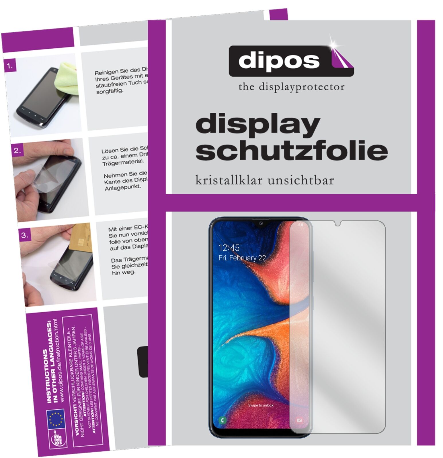 SamsungGalaxy A20e mit aufgebrachter dipos Displayschutzfolie, glasklare Darstellung ohne Einschränkungen