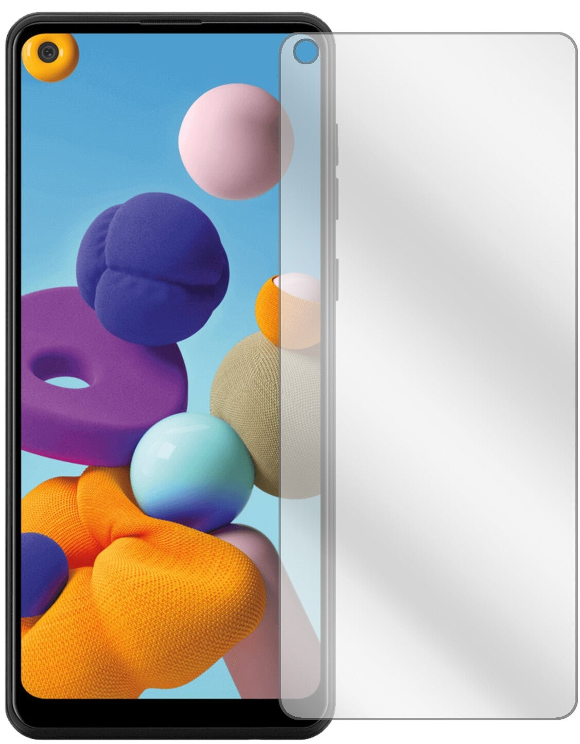 SamsungGalaxy A21 mit aufgebrachter dipos Displayschutzfolie, glasklare Darstellung ohne Einschränkungen