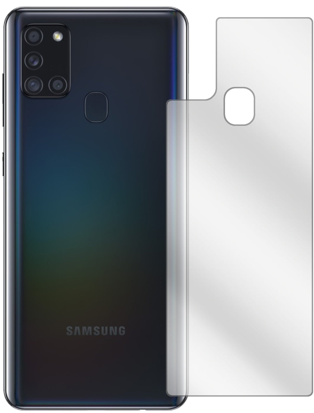 SamsungGalaxy A21s Rückseite mit aufgebrachter dipos Displayschutzfolie, glasklare Darstellung ohne Einschränkungen