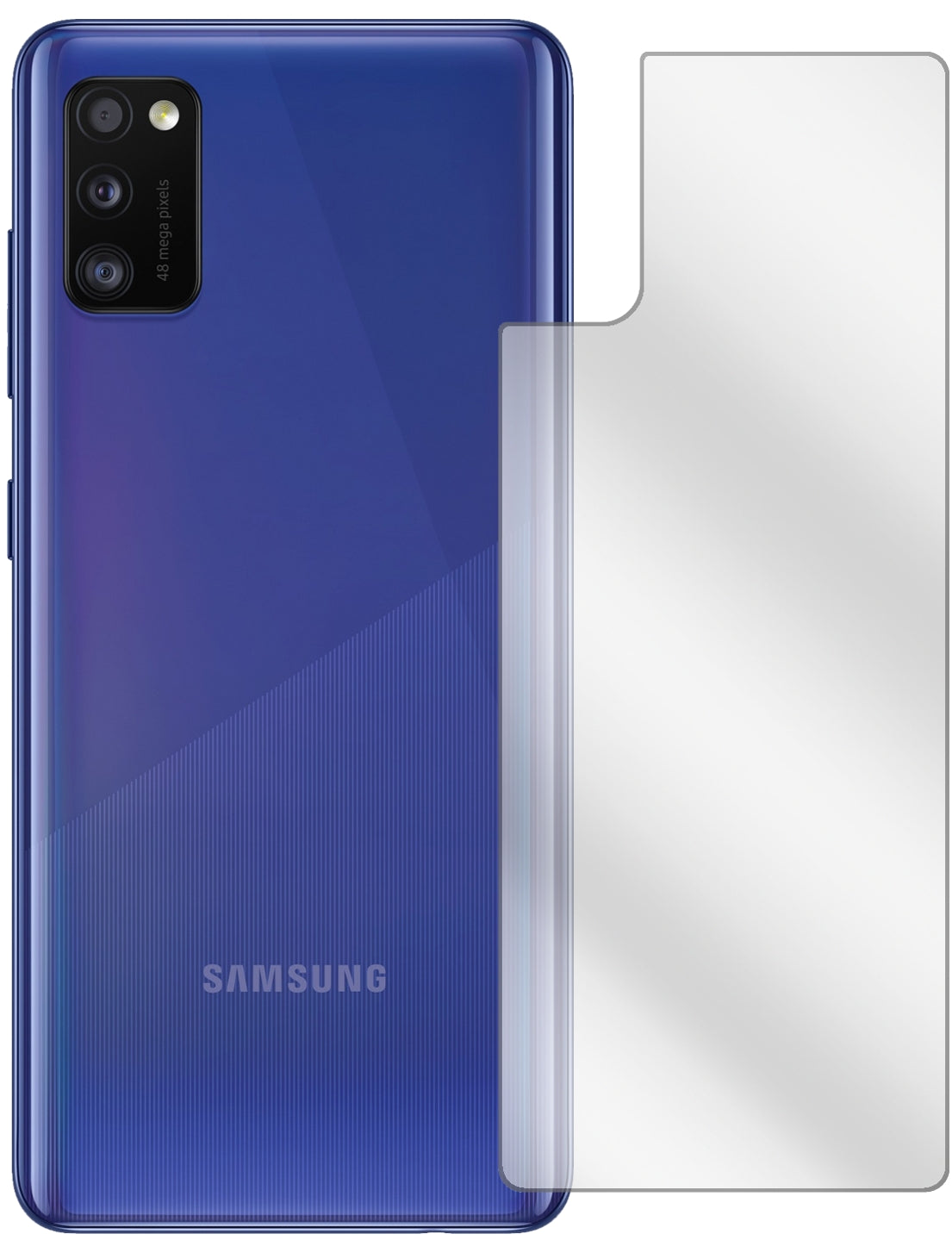 SamsungGalaxy A41 Rückseite mit aufgebrachter dipos Displayschutzfolie, glasklare Darstellung ohne Einschränkungen