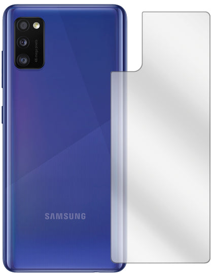 SamsungGalaxy A41 Rückseite mit aufgebrachter dipos Displayschutzfolie, glasklare Darstellung ohne Einschränkungen