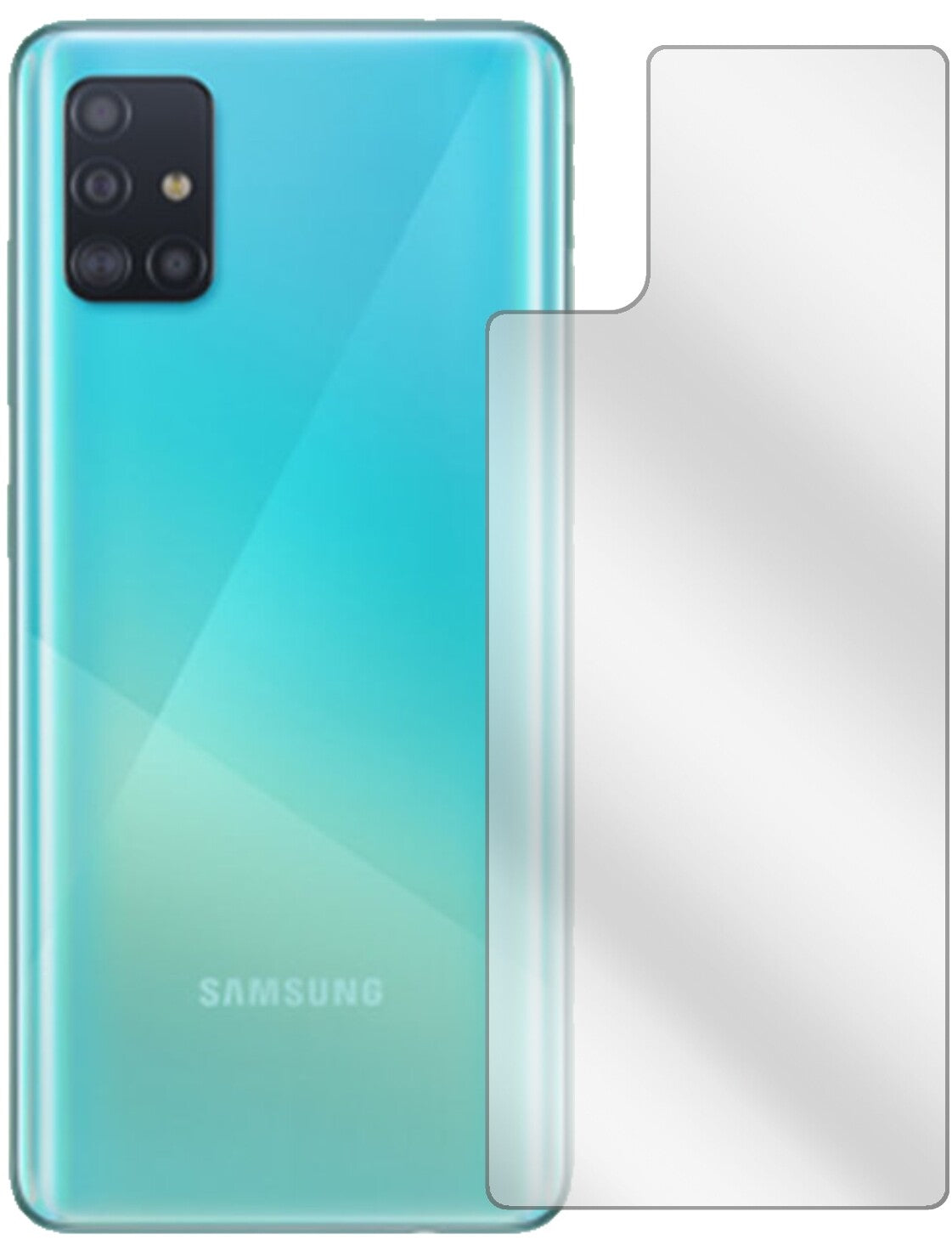 SamsungGalaxy A51 5G Rückseite mit aufgebrachter dipos Displayschutzfolie, glasklare Darstellung ohne Einschränkungen