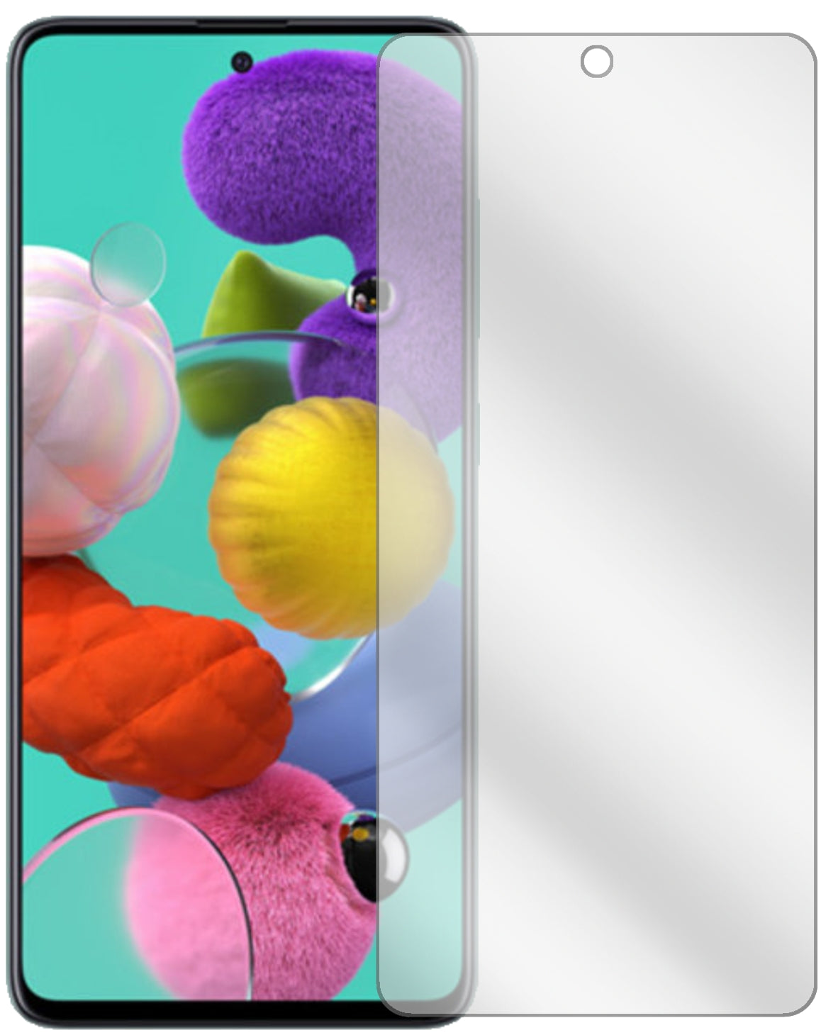SamsungGalaxy A51 mit aufgebrachter dipos Displayschutzfolie, glasklare Darstellung ohne Einschränkungen