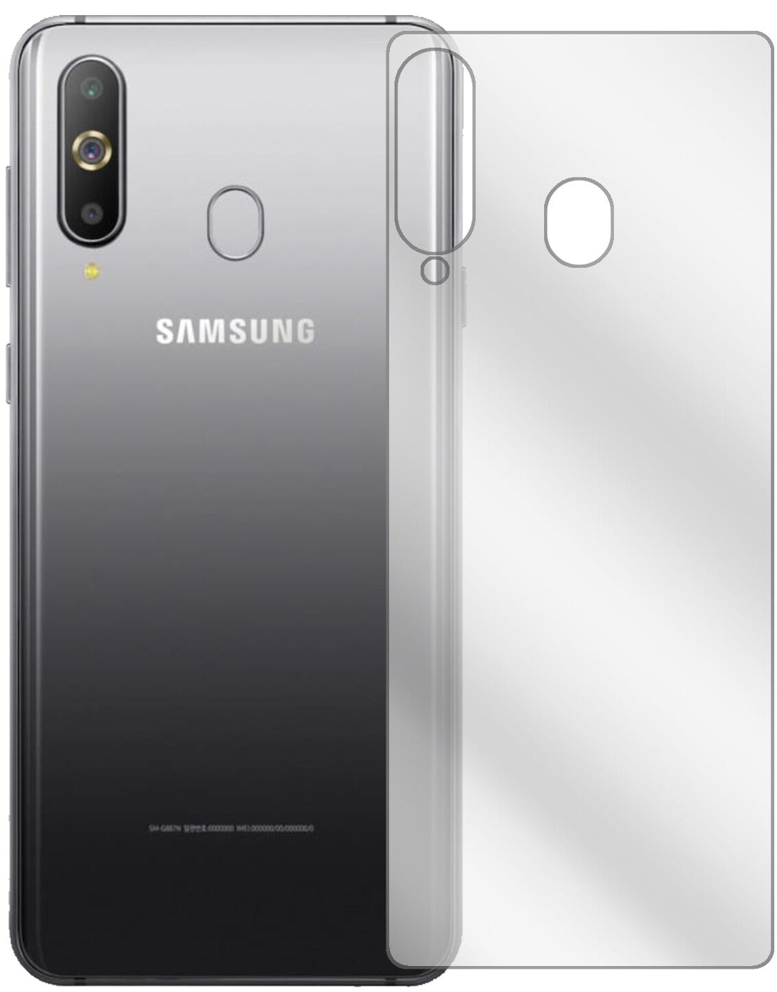 SamsungGalaxy A60 Rückseite mit aufgebrachter dipos Displayschutzfolie, glasklare Darstellung ohne Einschränkungen