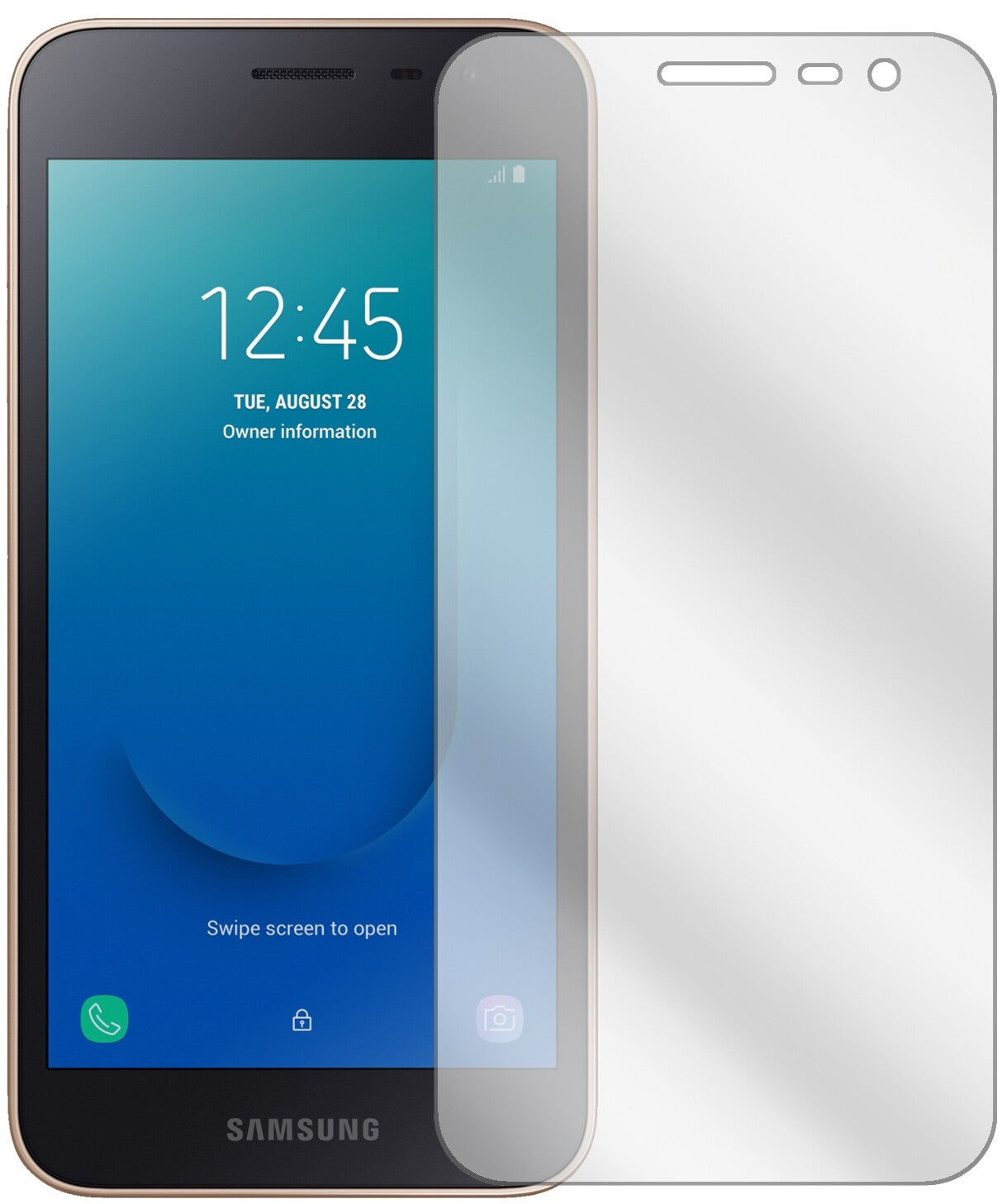 SamsungGalaxy J2 Core (2018) mit aufgebrachter dipos Displayschutzfolie, glasklare Darstellung ohne Einschränkungen