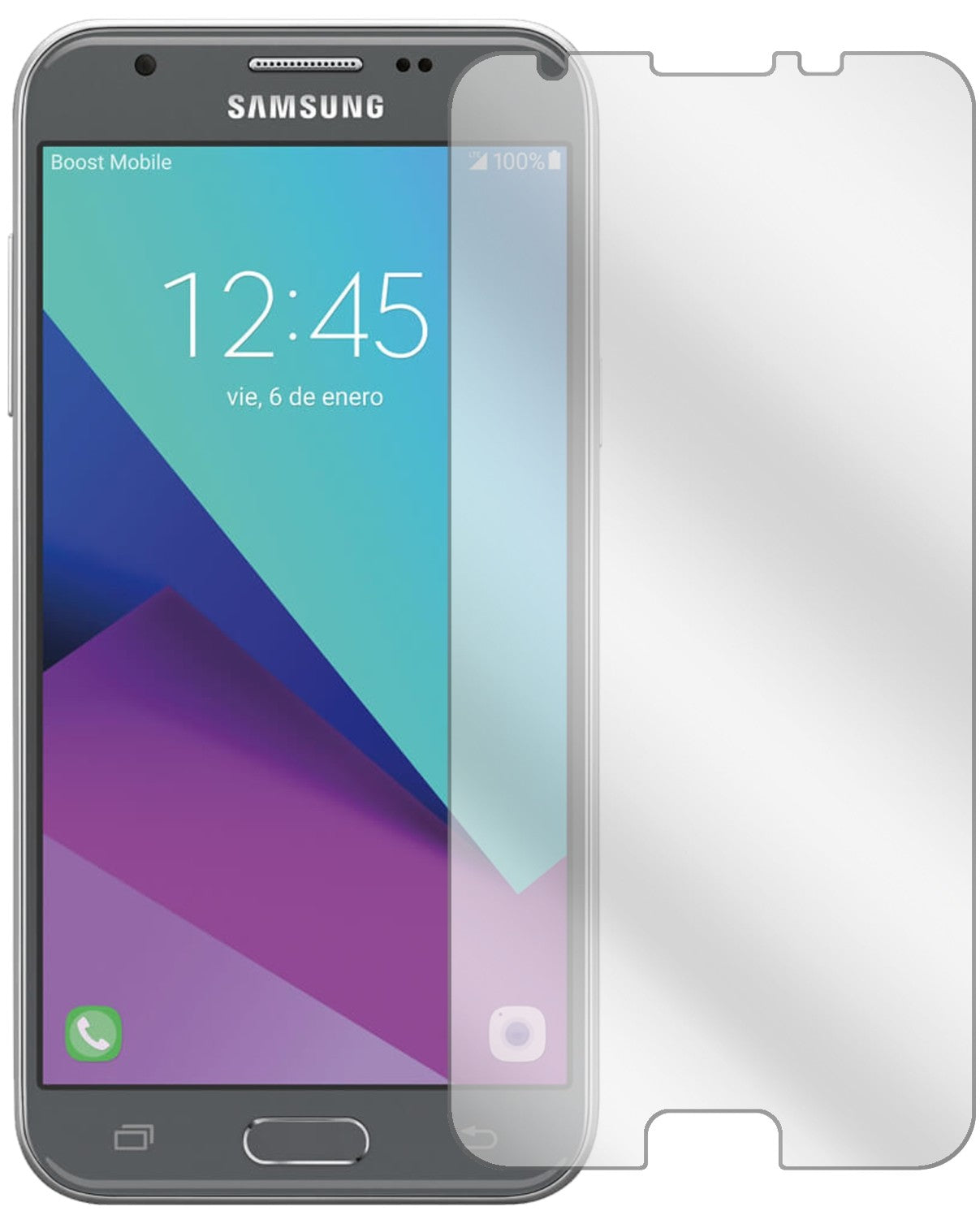 SamsungGalaxy J3 2017 mit aufgebrachter dipos Displayschutzfolie, glasklare Darstellung ohne Einschränkungen