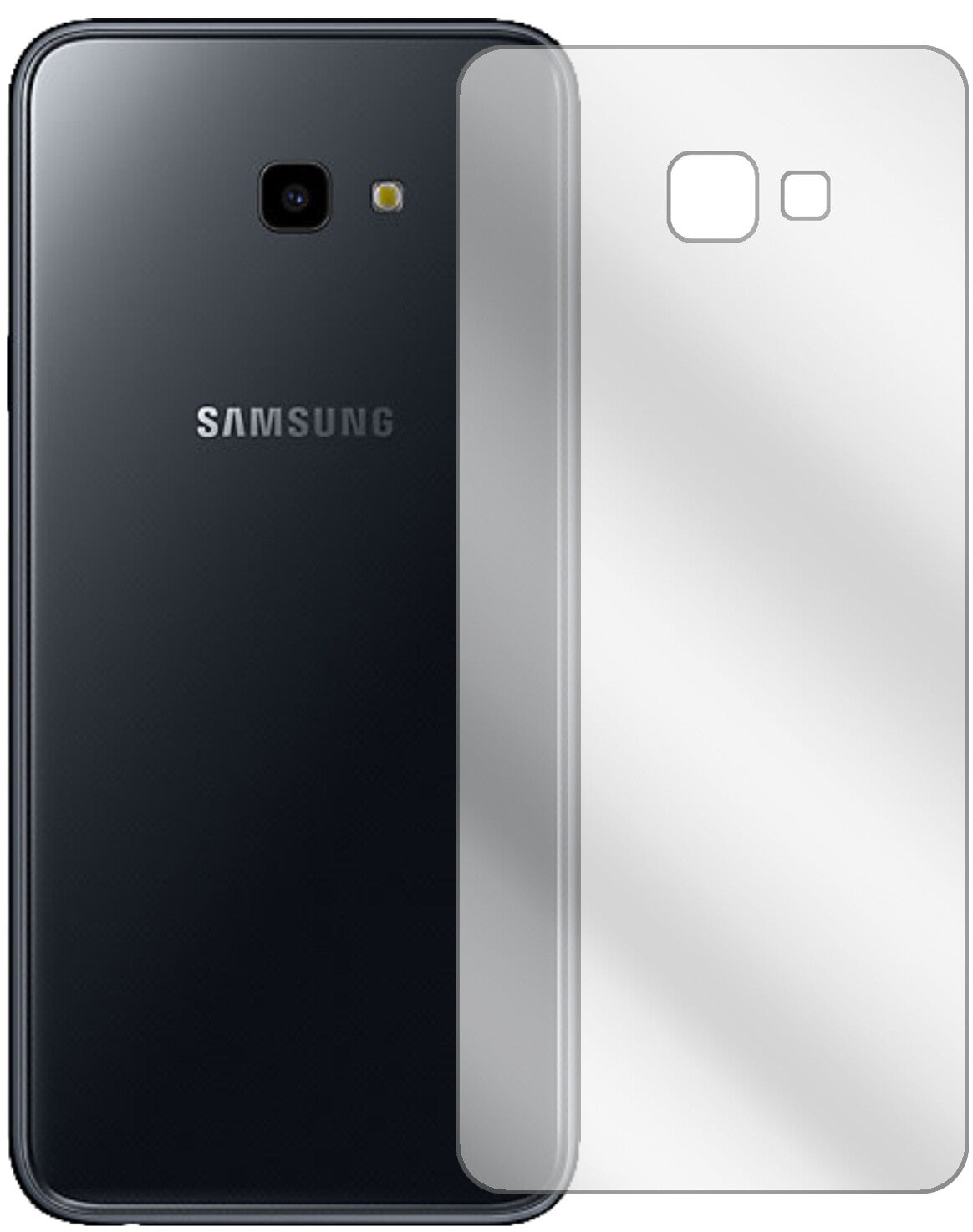 SamsungGalaxy J4 Plus (2018) Rückseite mit aufgebrachter dipos Displayschutzfolie, glasklare Darstellung ohne Einschränkungen