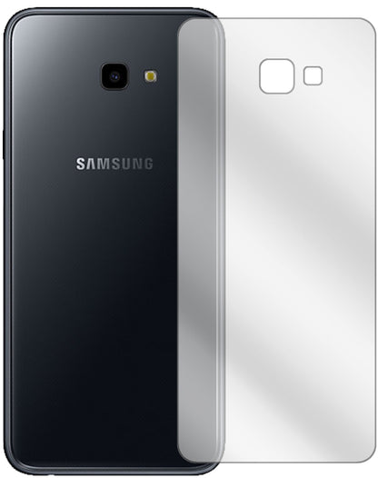 SamsungGalaxy J4 Plus (2018) Rückseite mit aufgebrachter dipos Displayschutzfolie, glasklare Darstellung ohne Einschränkungen