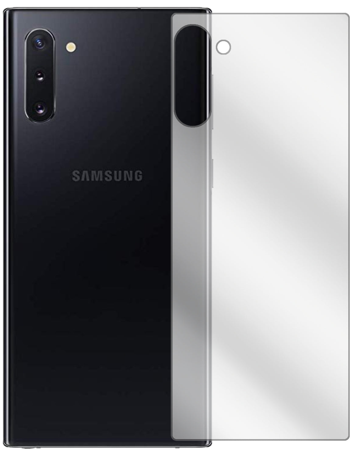SamsungGalaxy Note 10 Rückseite mit aufgebrachter dipos Displayschutzfolie, glasklare Darstellung ohne Einschränkungen