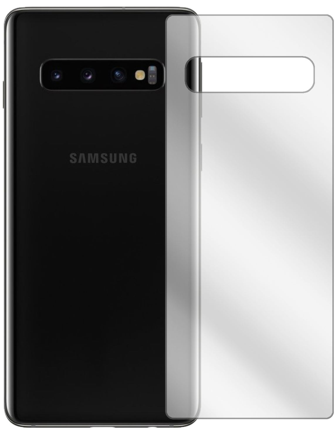 SamsungGalaxy S10 Plus Rückseite mit aufgebrachter dipos Displayschutzfolie, glasklare Darstellung ohne Einschränkungen