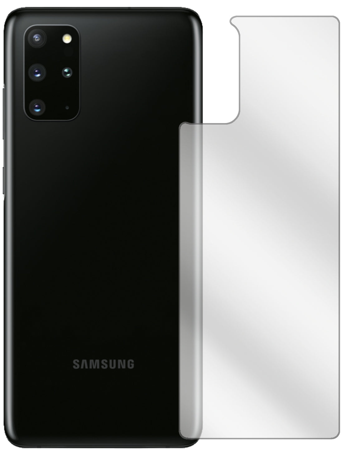 SamsungGalaxy S20 Rückseite mit aufgebrachter dipos Displayschutzfolie, glasklare Darstellung ohne Einschränkungen