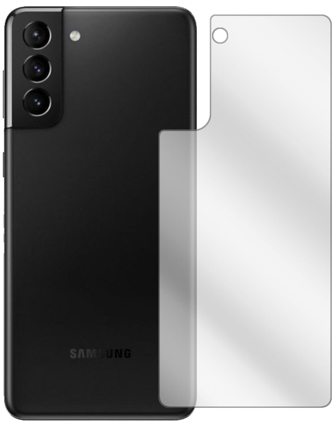 SamsungGalaxy S21 Rückseite mit aufgebrachter dipos Displayschutzfolie, glasklare Darstellung ohne Einschränkungen