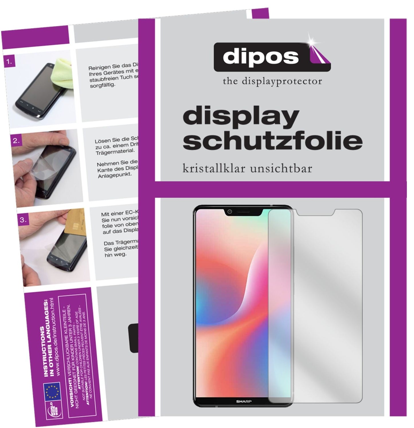 SharpAquos S3 High Edition mit aufgebrachter dipos Displayschutzfolie, glasklare Darstellung ohne Einschränkungen