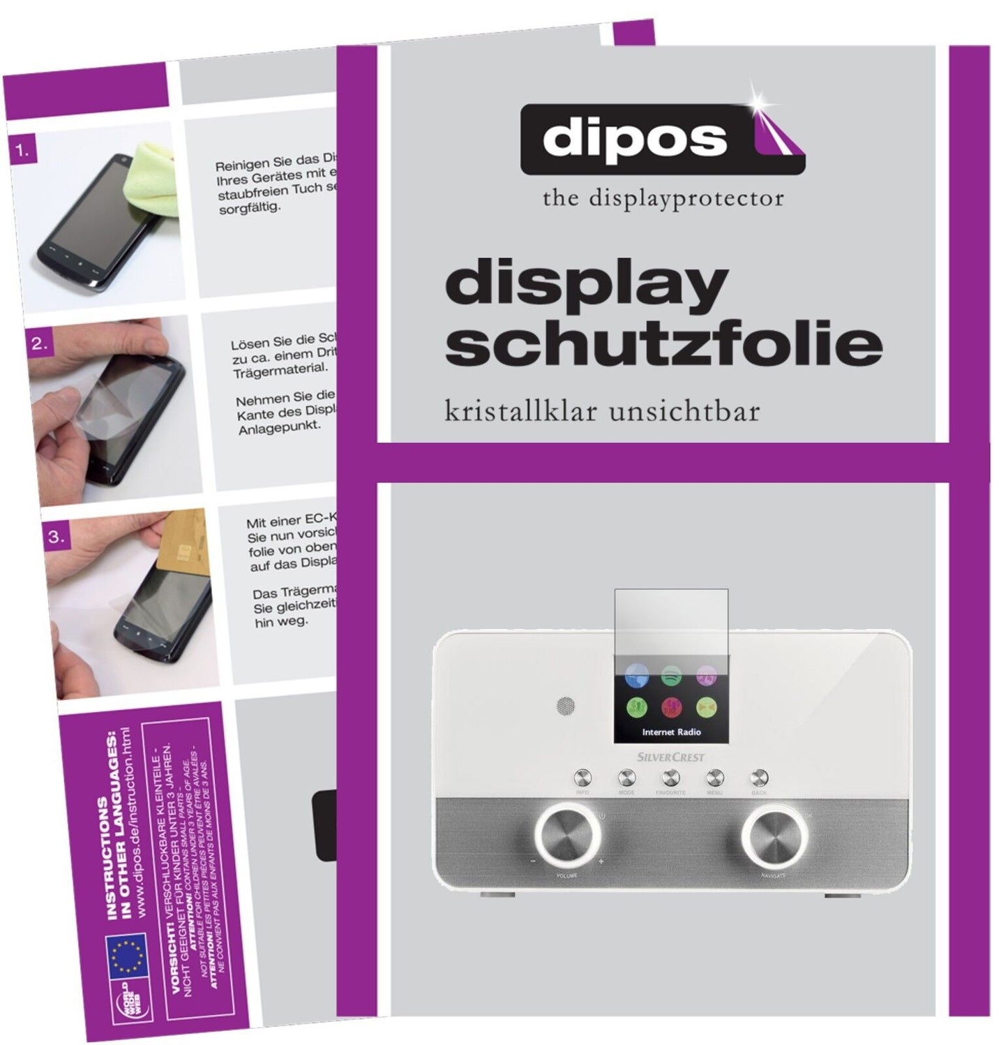 Silvercrest4 in 1 Stereo Internet Radio mit aufgebrachter dipos Displayschutzfolie, glasklare Darstellung ohne Einschränkungen