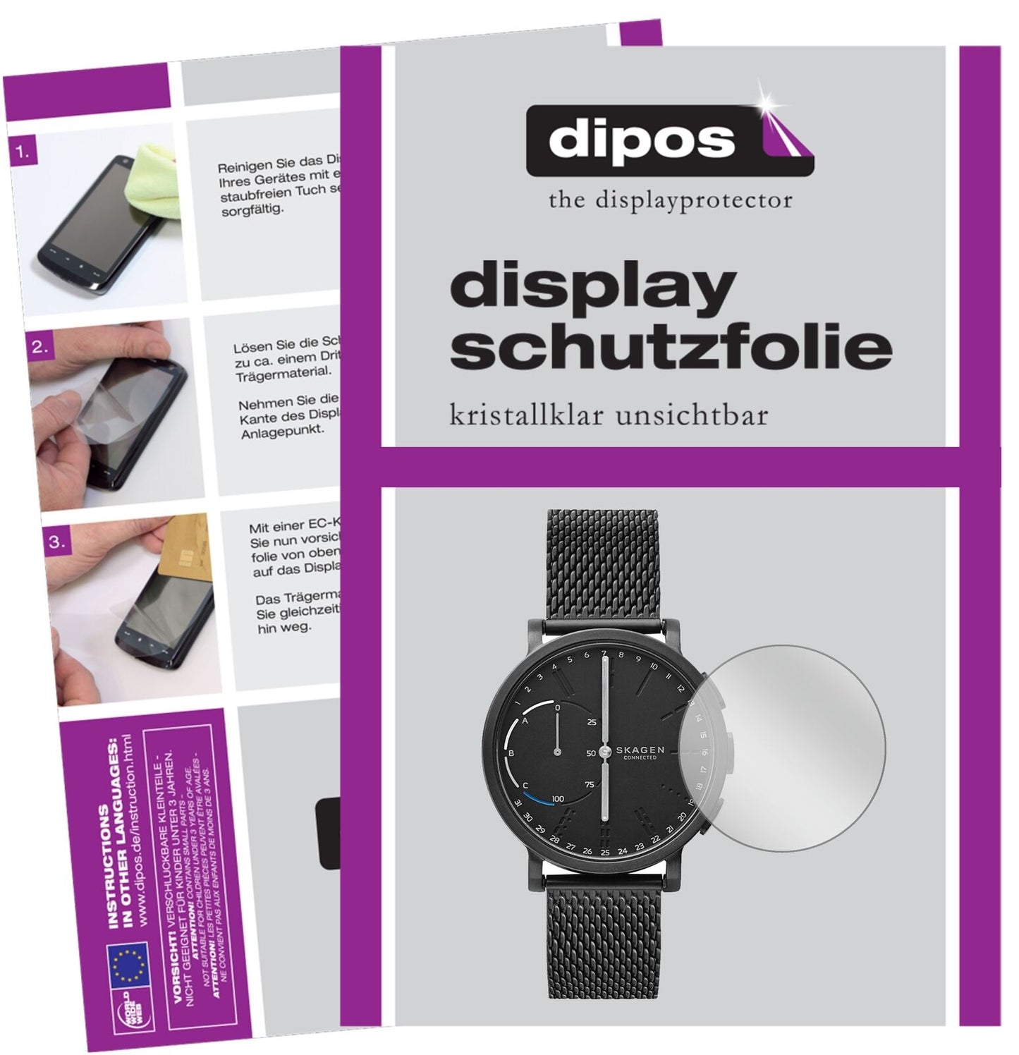 SkagenHagen Connected mit aufgebrachter dipos Displayschutzfolie, glasklare Darstellung ohne Einschränkungen
