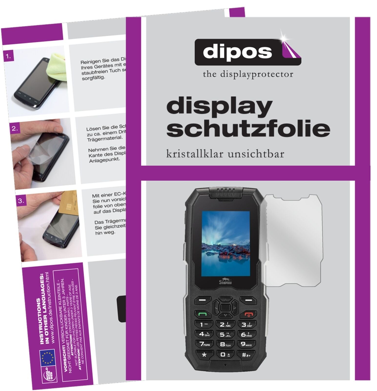 SnopowM2 mit aufgebrachter dipos Displayschutzfolie, glasklare Darstellung ohne Einschränkungen