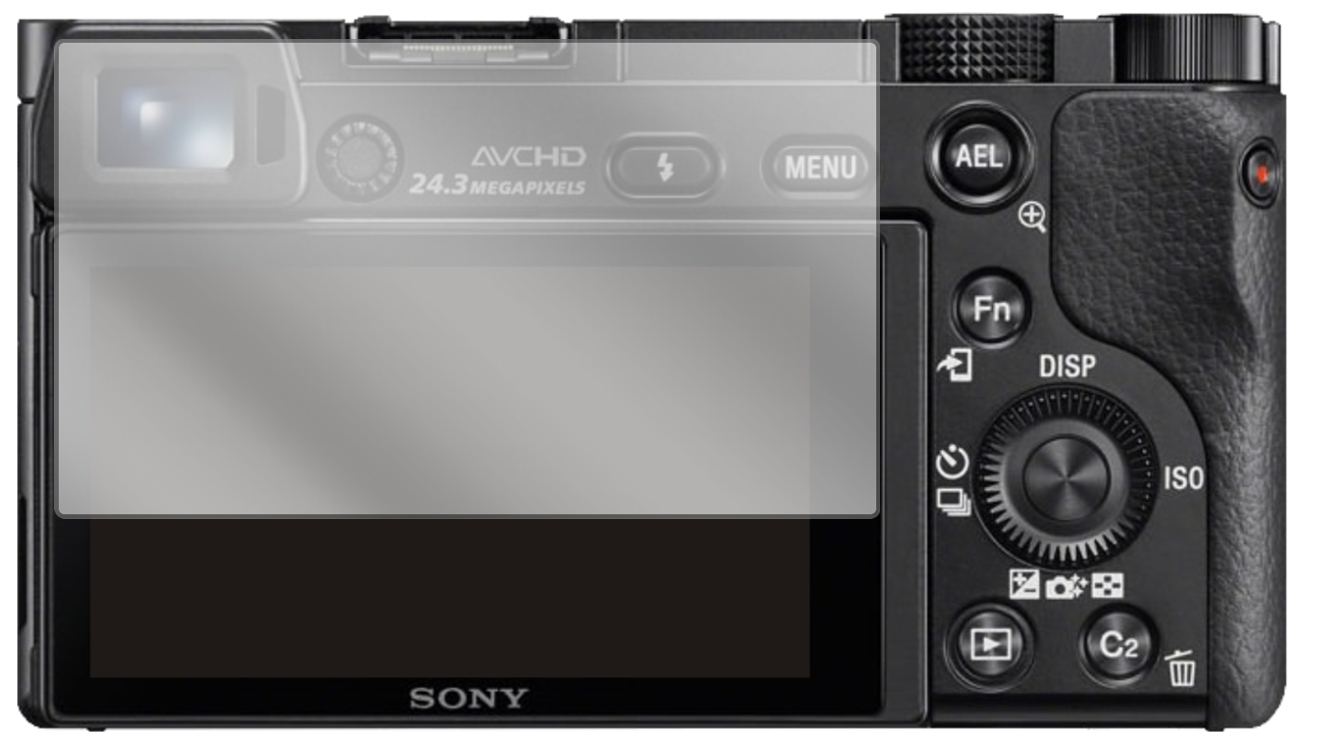 SonyAlpha 6100 mit aufgebrachter dipos Displayschutzfolie, glasklare Darstellung ohne Einschränkungen