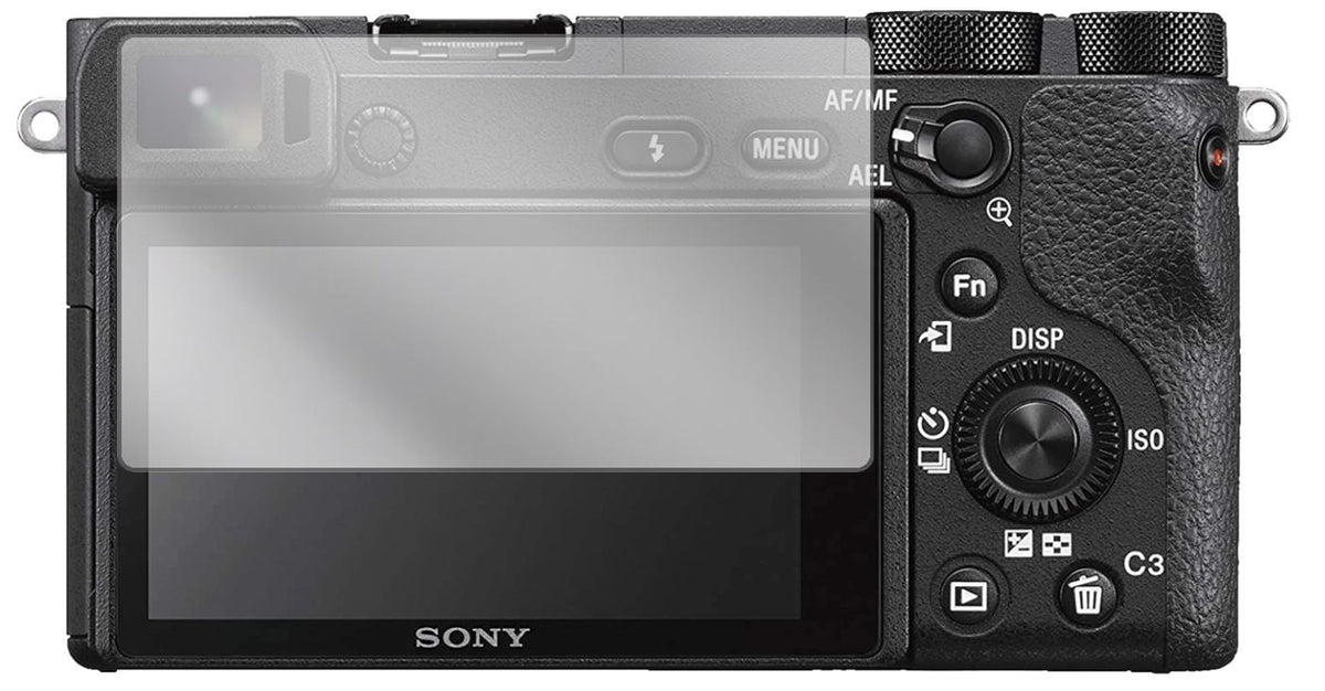 SonyAlpha 6500 mit aufgebrachter dipos Displayschutzfolie, glasklare Darstellung ohne Einschränkungen