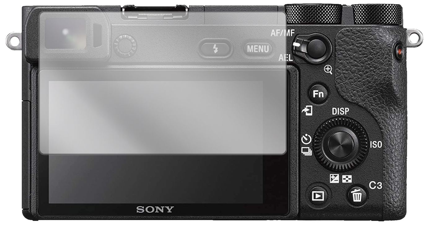 SonyAlpha 6600 mit aufgebrachter dipos Displayschutzfolie, glasklare Darstellung ohne Einschränkungen