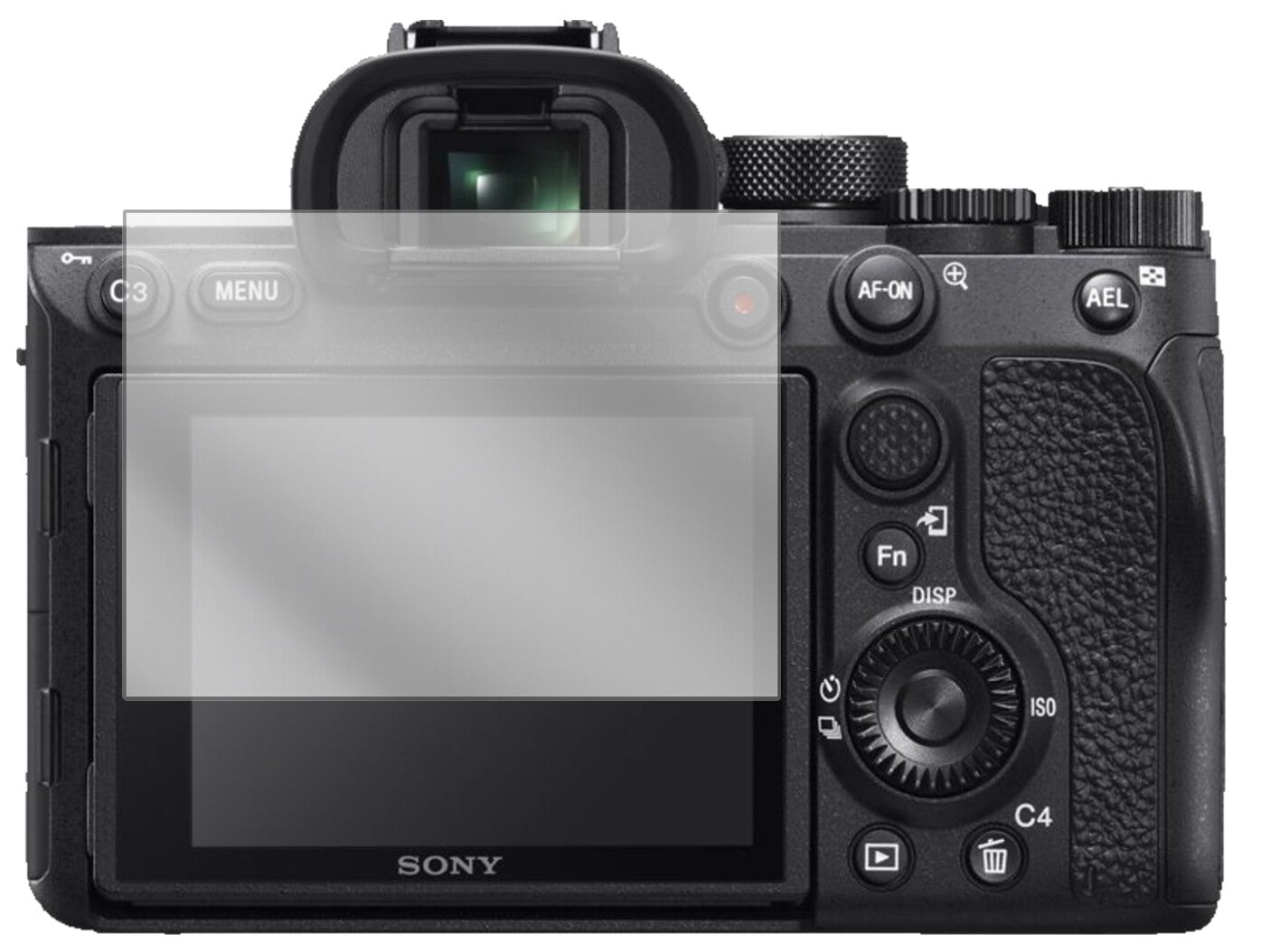 SonyAlpha 7R IVA mit aufgebrachter dipos Displayschutzfolie, glasklare Darstellung ohne Einschränkungen