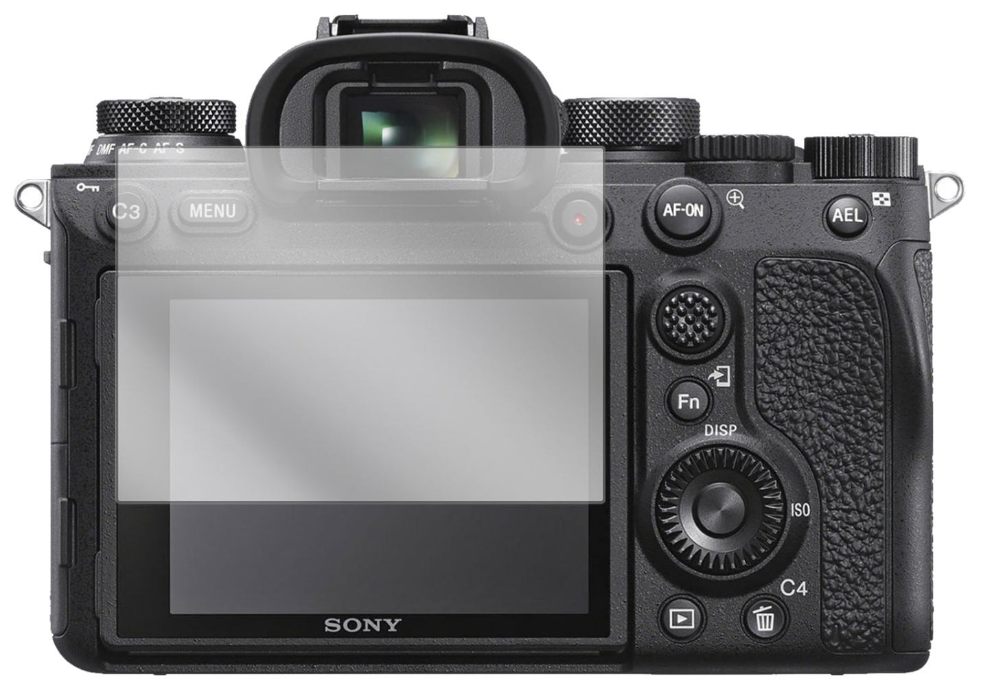 SonyAlpha 99 mit aufgebrachter dipos Displayschutzfolie, glasklare Darstellung ohne Einschränkungen