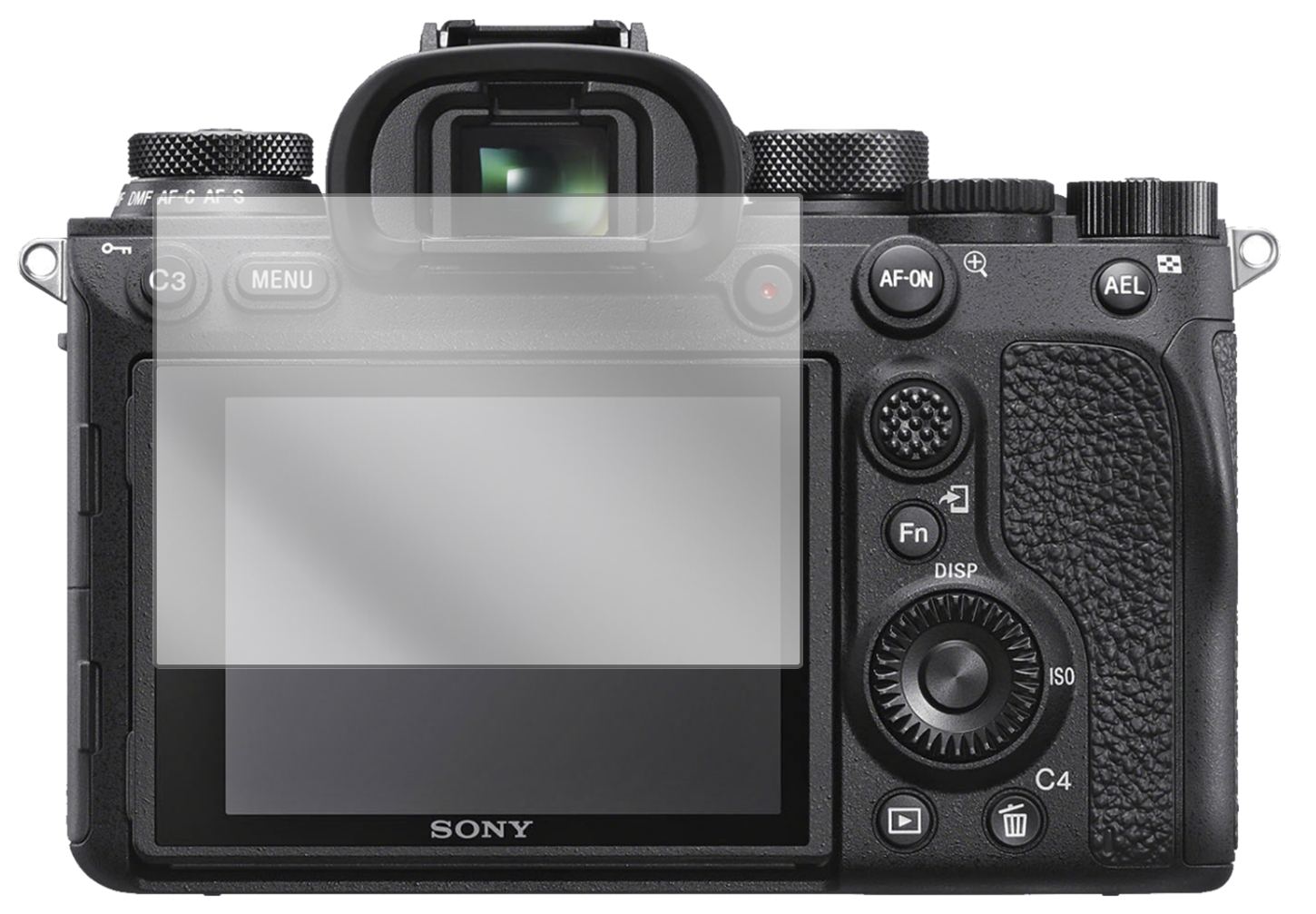 SonyAlpha 99 mit aufgebrachter dipos Displayschutzfolie, glasklare Darstellung ohne Einschränkungen