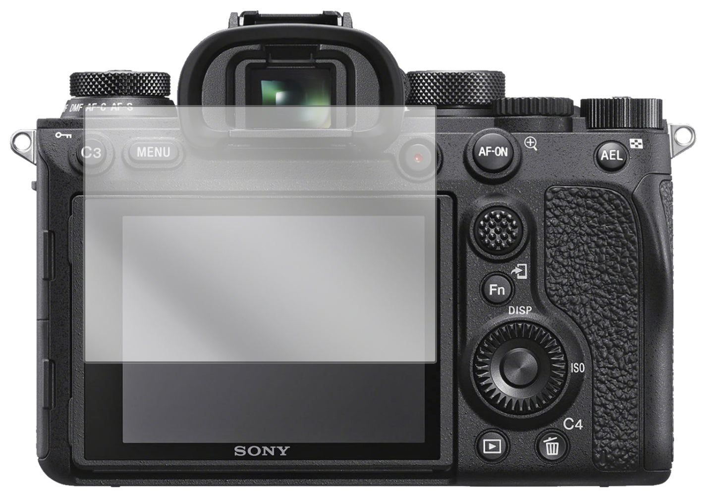 SonyAlpha 99 II mit aufgebrachter dipos Displayschutzfolie, glasklare Darstellung ohne Einschränkungen