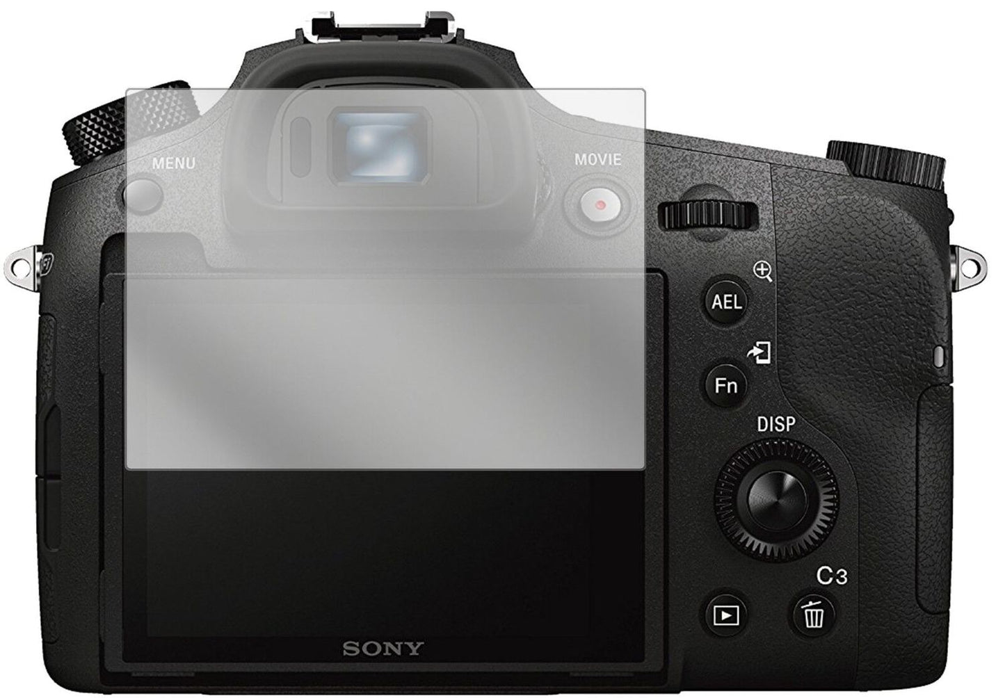 SonyDSC-RX10M3 Premium Bridge Kamera mit aufgebrachter dipos Displayschutzfolie, glasklare Darstellung ohne Einschränkungen