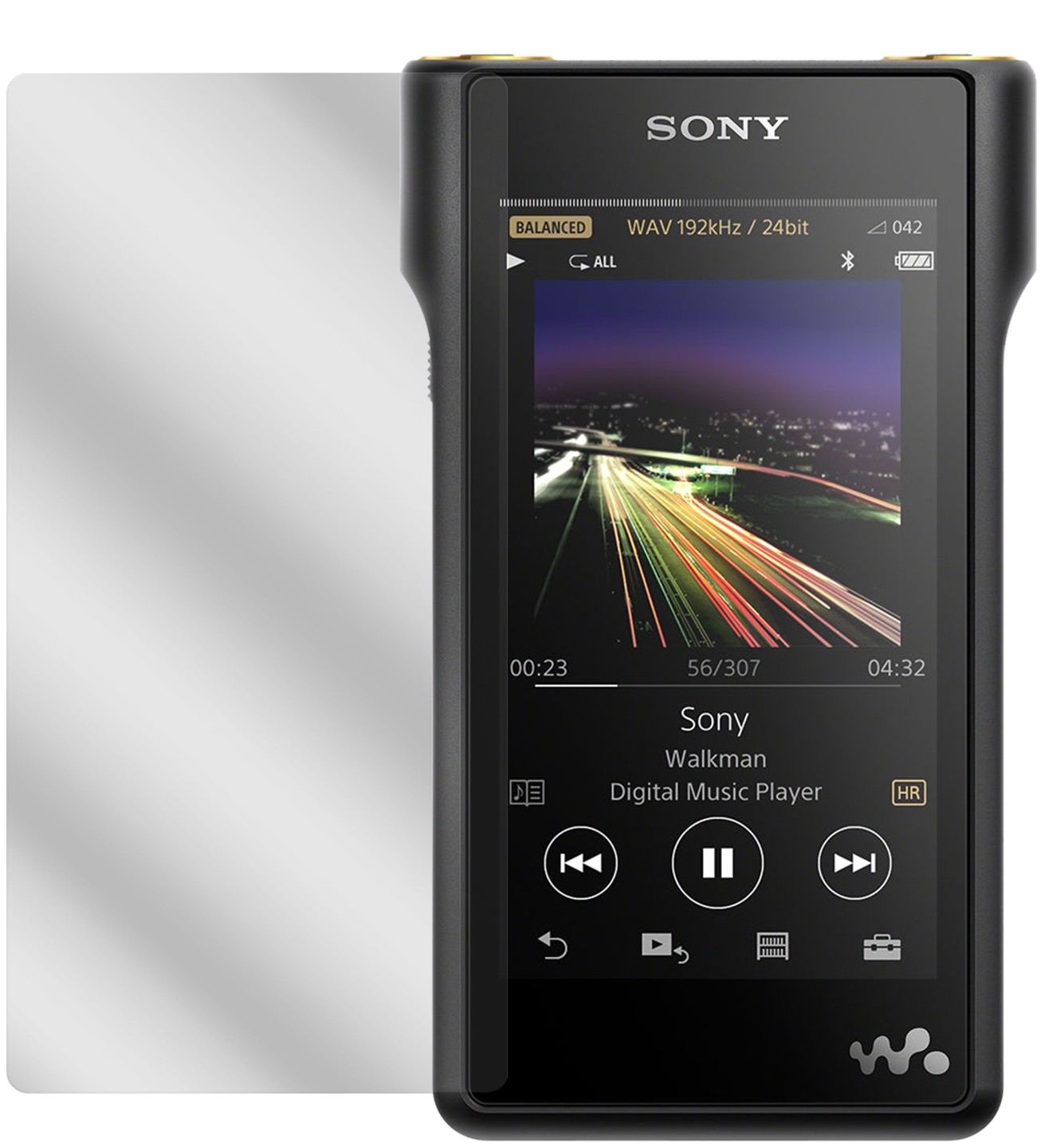 SonyNW-WM1A (MP3-Player) mit aufgebrachter dipos Displayschutzfolie, glasklare Darstellung ohne Einschränkungen