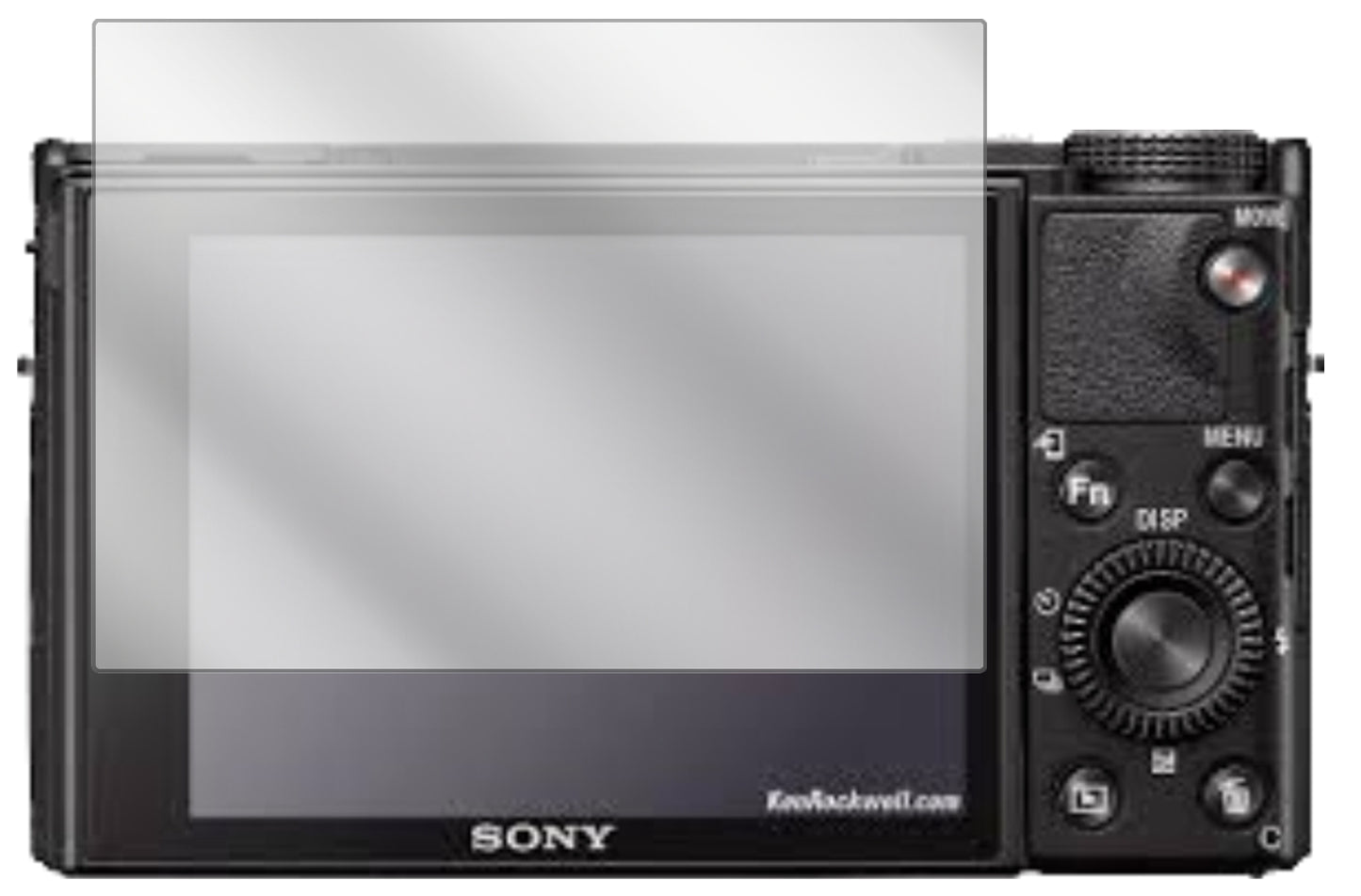 SonyRX100 VII mit aufgebrachter dipos Displayschutzfolie, glasklare Darstellung ohne Einschränkungen