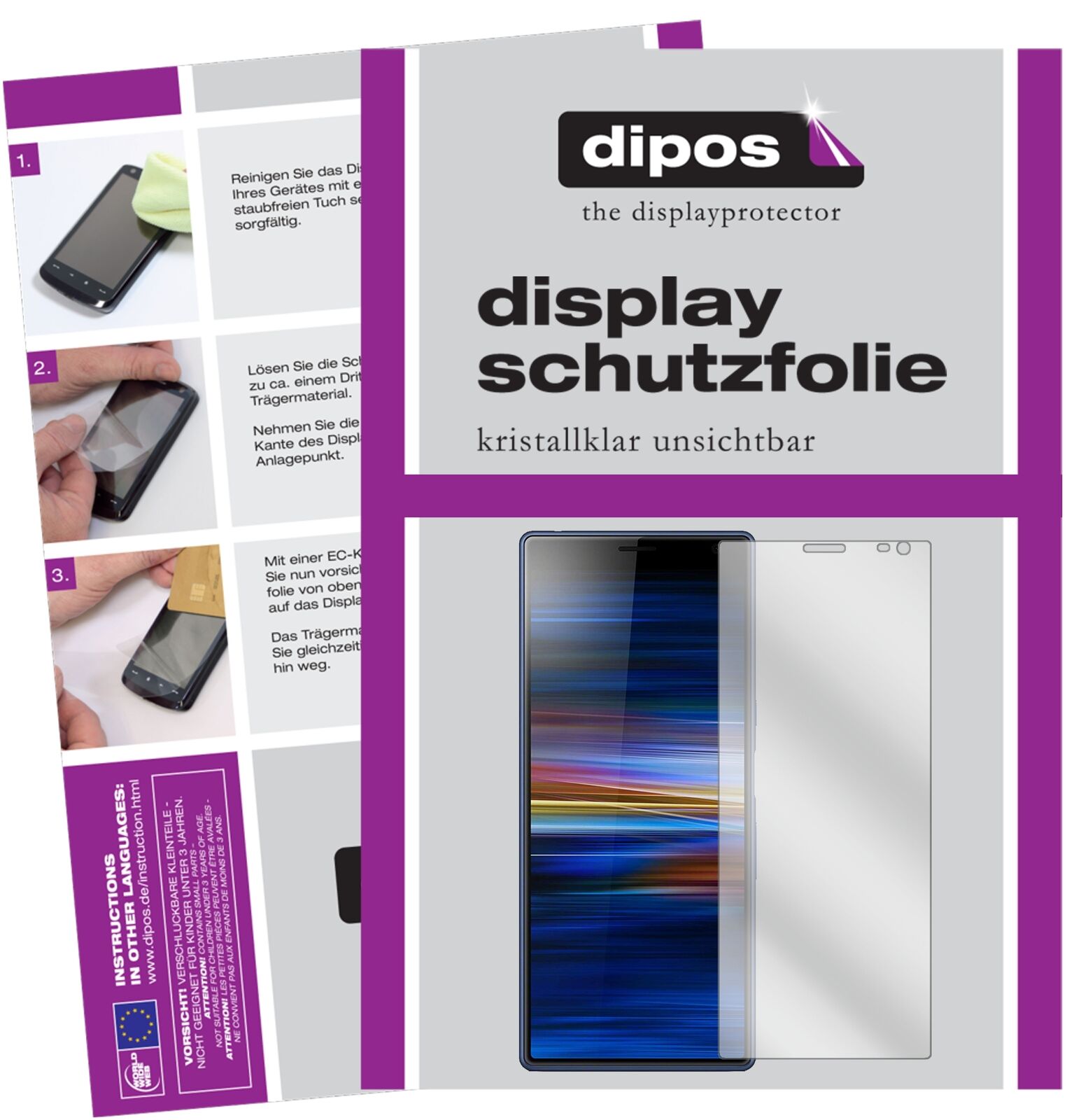 SonyXperia 10 Plus mit aufgebrachter dipos Displayschutzfolie, glasklare Darstellung ohne Einschränkungen