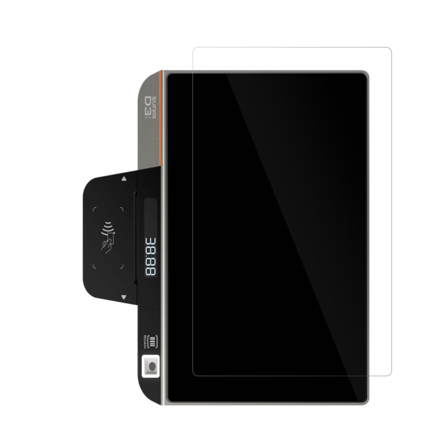 SunmiD3 Mini mit aufgebrachter dipos Displayschutzfolie, glasklare Darstellung ohne Einschränkungen