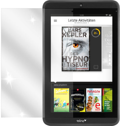 Tab 7Tolino mit aufgebrachter dipos Displayschutzfolie, glasklare Darstellung ohne Einschränkungen