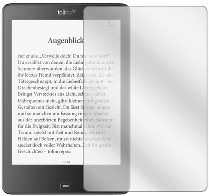 TolinoEpos eBook Reader mit aufgebrachter dipos Displayschutzfolie, glasklare Darstellung ohne Einschränkungen