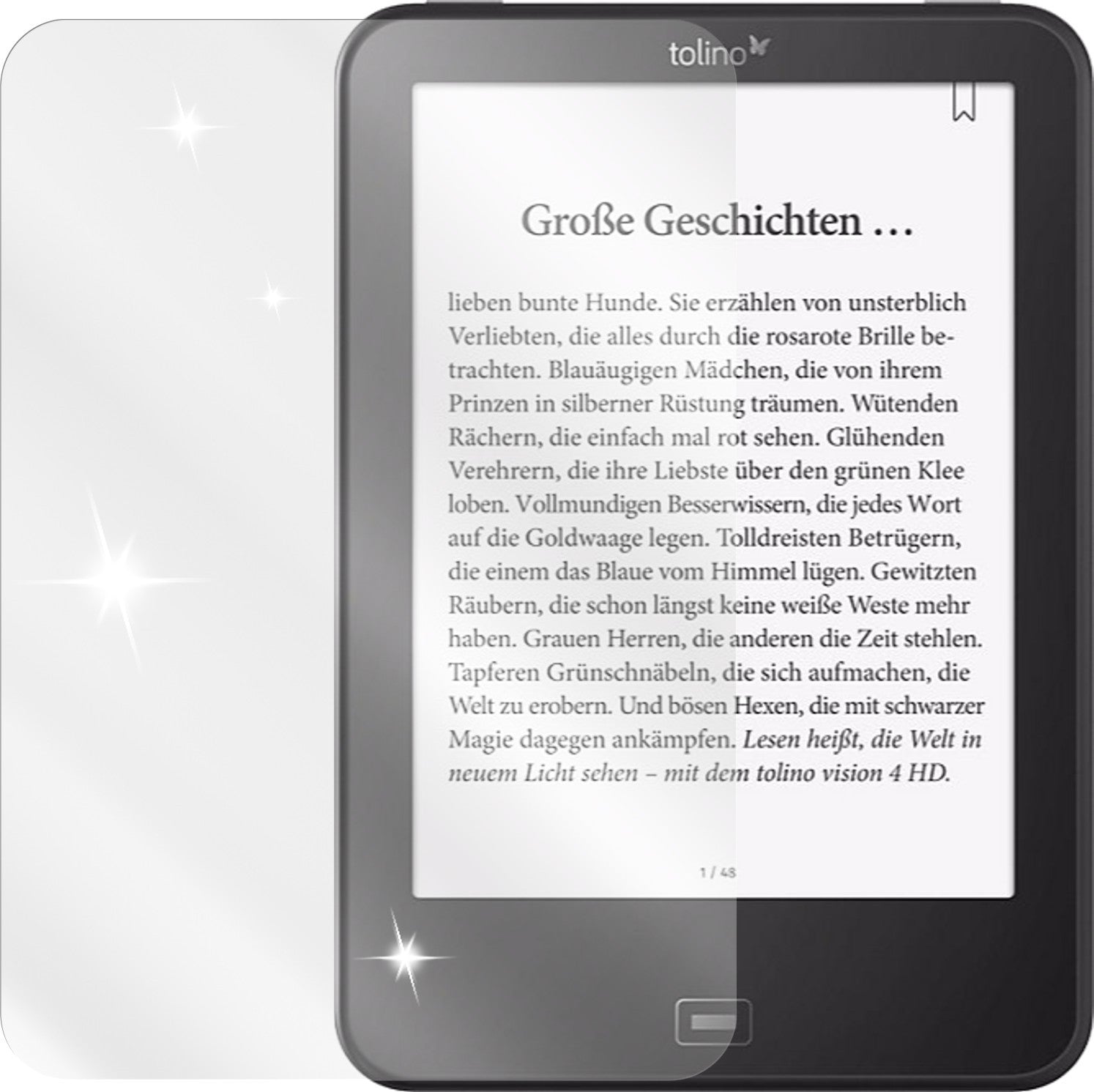 TolinoVision HD4 mit aufgebrachter dipos Displayschutzfolie, glasklare Darstellung ohne Einschränkungen