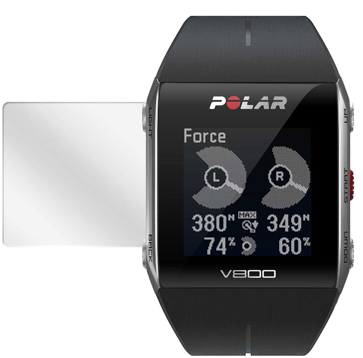 Trainingscomputer V800Polar mit aufgebrachter dipos Displayschutzfolie, glasklare Darstellung ohne Einschränkungen