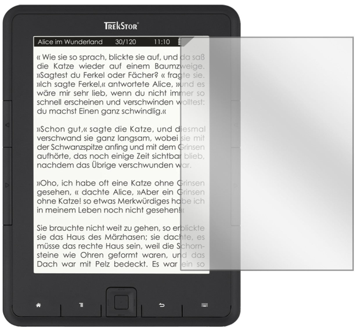 TrekStoreBook Reader Pyrus mit aufgebrachter dipos Displayschutzfolie, glasklare Darstellung ohne Einschränkungen