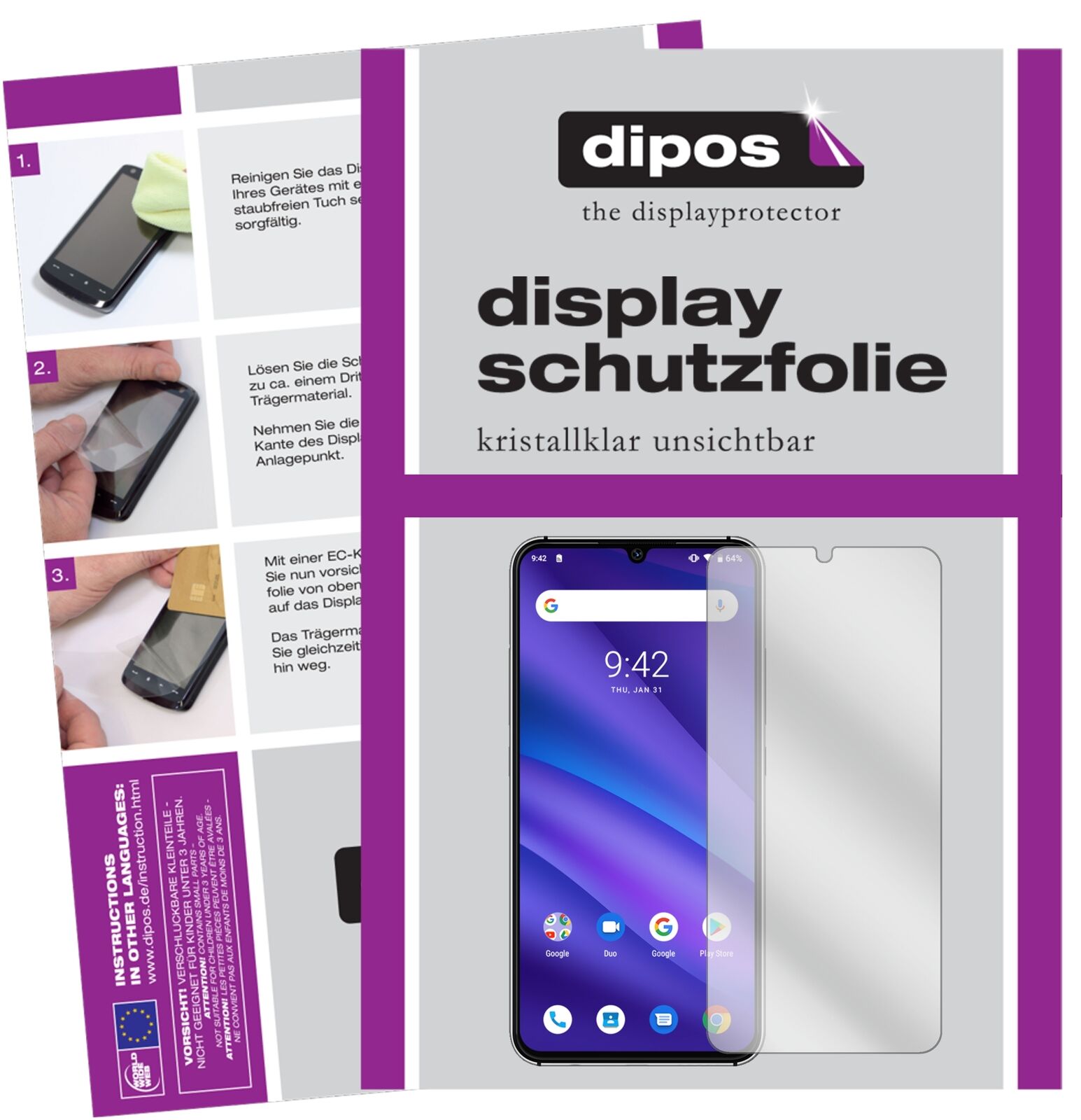 UmidigiA5 Pro mit aufgebrachter dipos Displayschutzfolie, glasklare Darstellung ohne Einschränkungen
