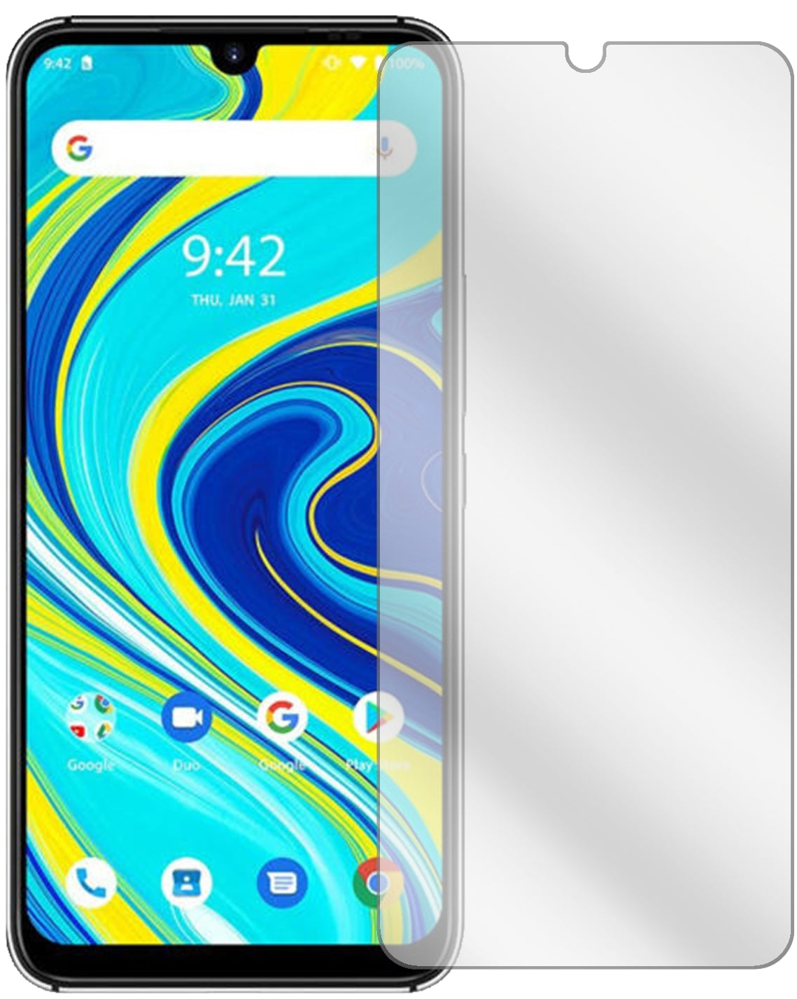 UmidigiA7 Pro mit aufgebrachter dipos Displayschutzfolie, glasklare Darstellung ohne Einschränkungen