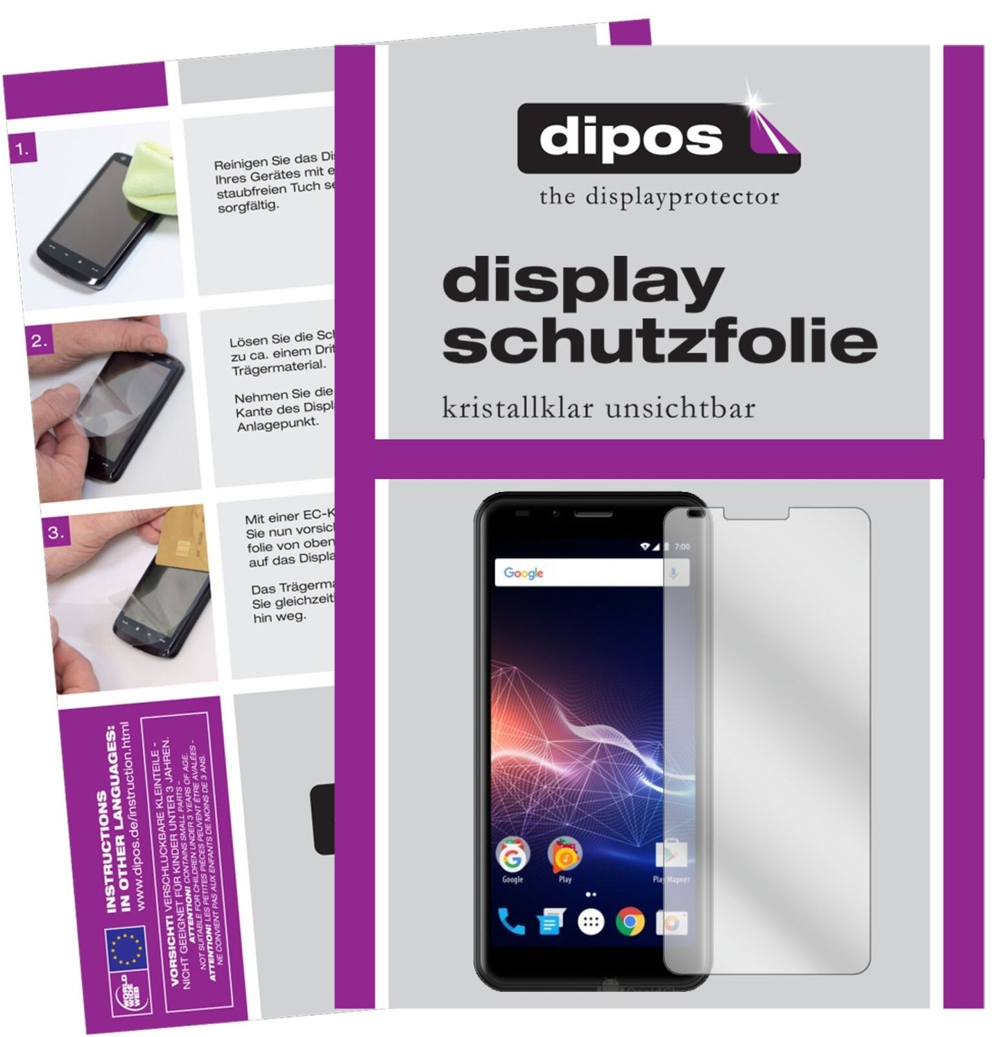 VertexImpress Click 3G 2018 mit aufgebrachter dipos Displayschutzfolie, glasklare Darstellung ohne Einschränkungen