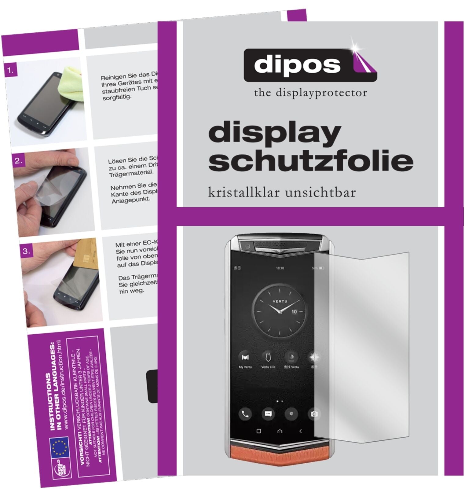 VertuAster P mit aufgebrachter dipos Displayschutzfolie, glasklare Darstellung ohne Einschränkungen