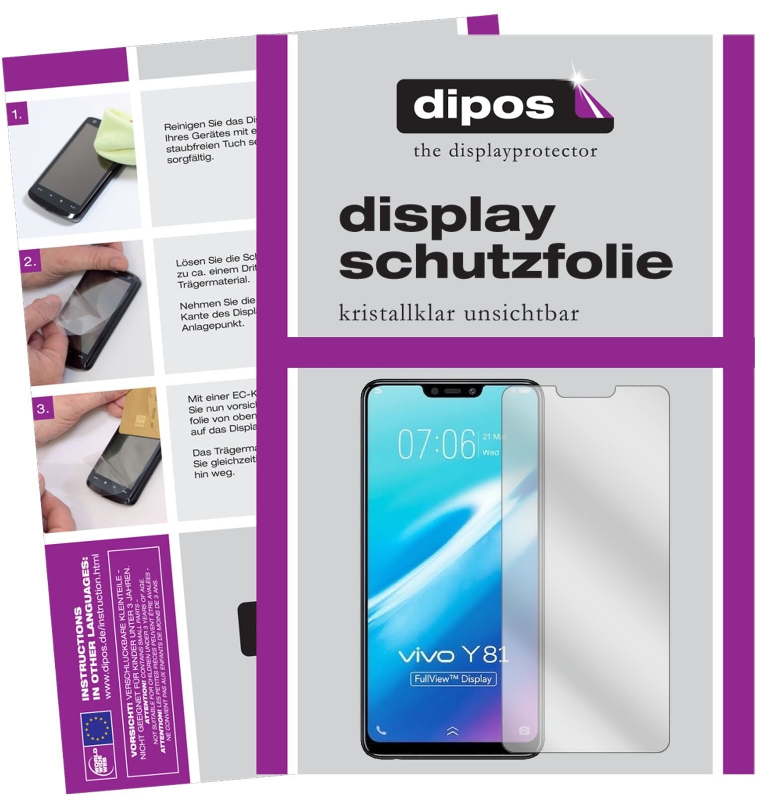 VivoY81 mit aufgebrachter dipos Displayschutzfolie, glasklare Darstellung ohne Einschränkungen