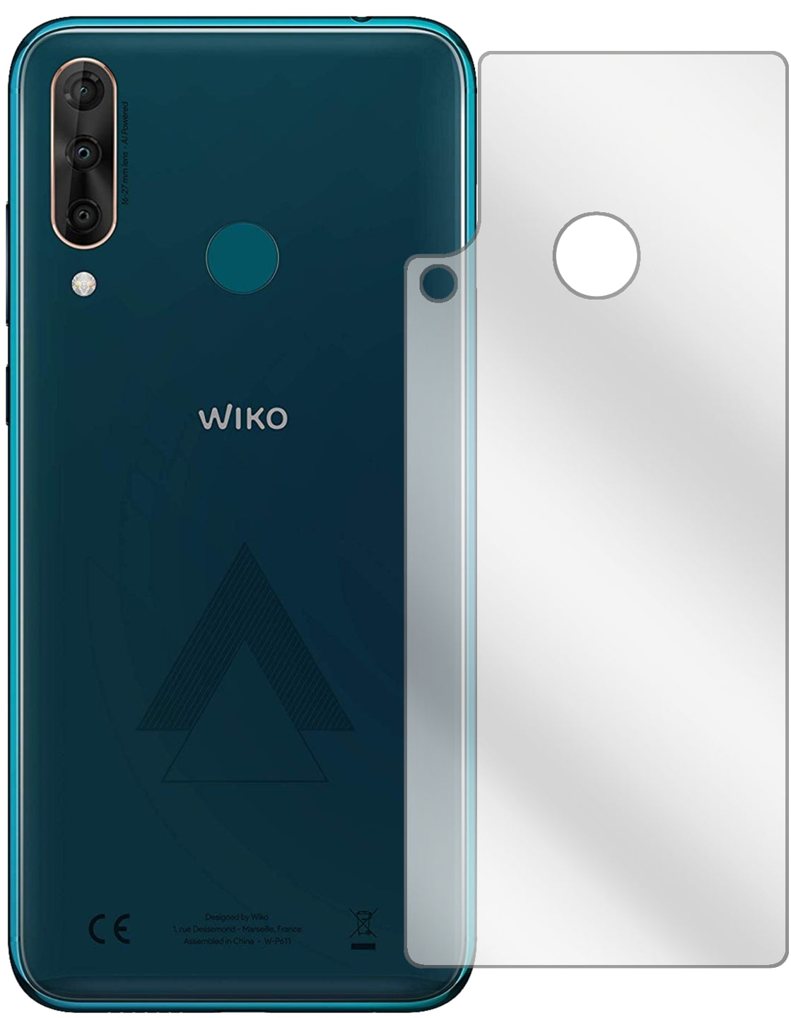 WikoView 3 Rückseite mit aufgebrachter dipos Displayschutzfolie, glasklare Darstellung ohne Einschränkungen