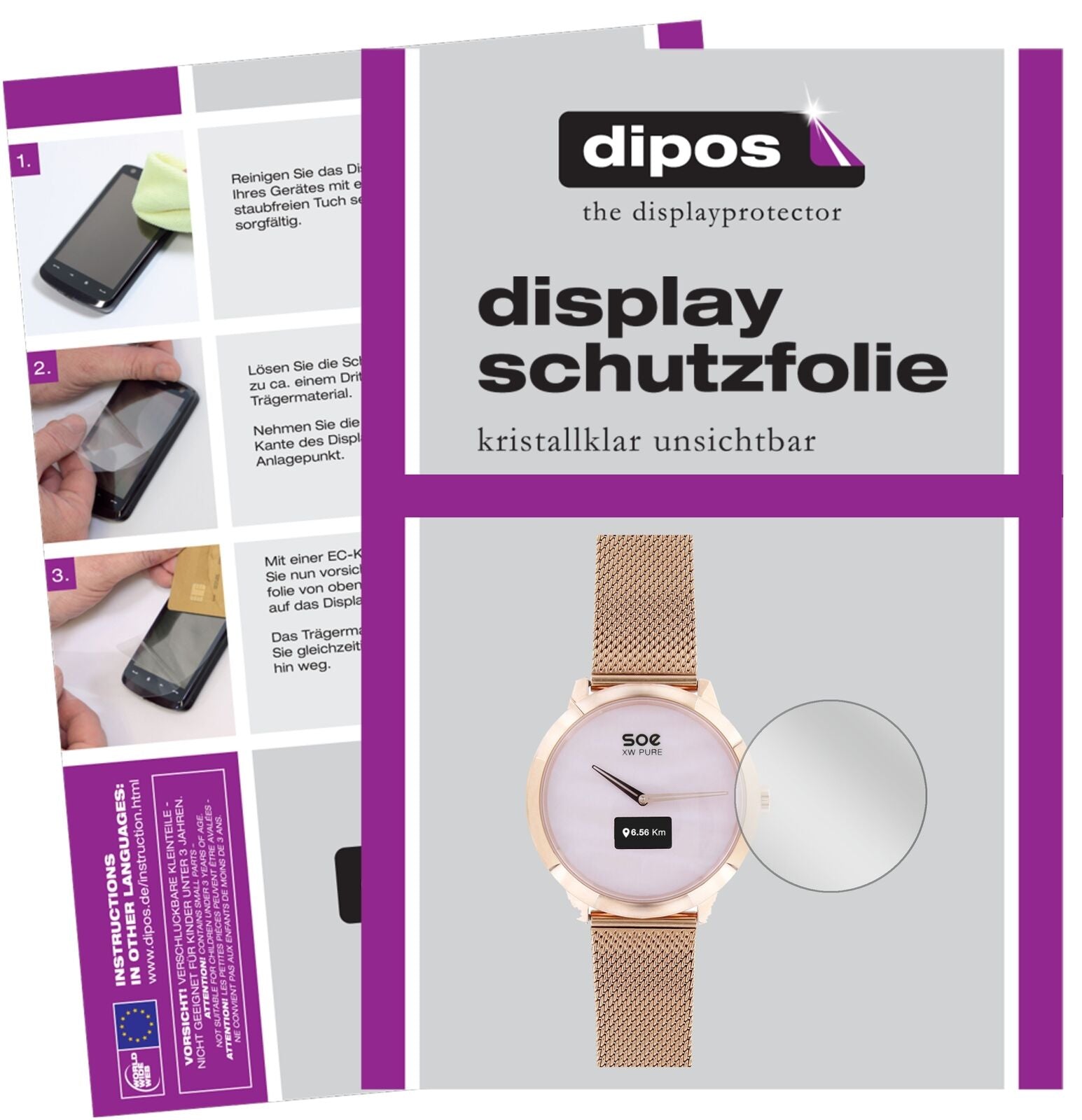 X-WATCHSOE XW Pure mit aufgebrachter dipos Displayschutzfolie, glasklare Darstellung ohne Einschränkungen