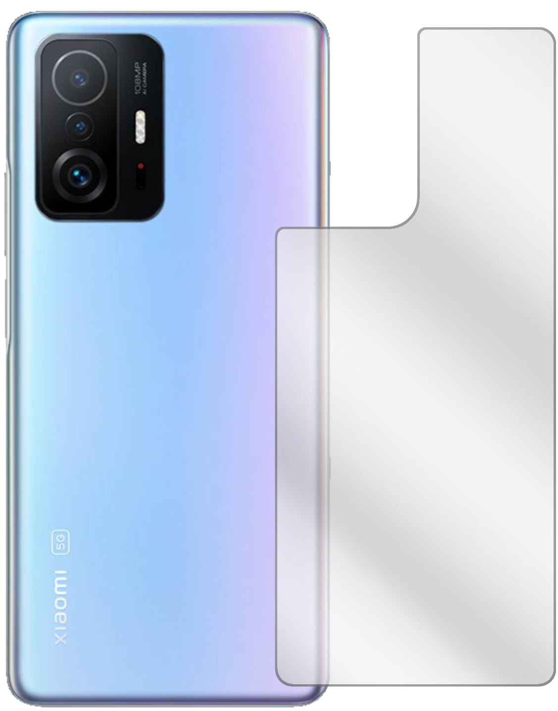 Xiaomi11T Rückseite mit aufgebrachter dipos Displayschutzfolie, glasklare Darstellung ohne Einschränkungen