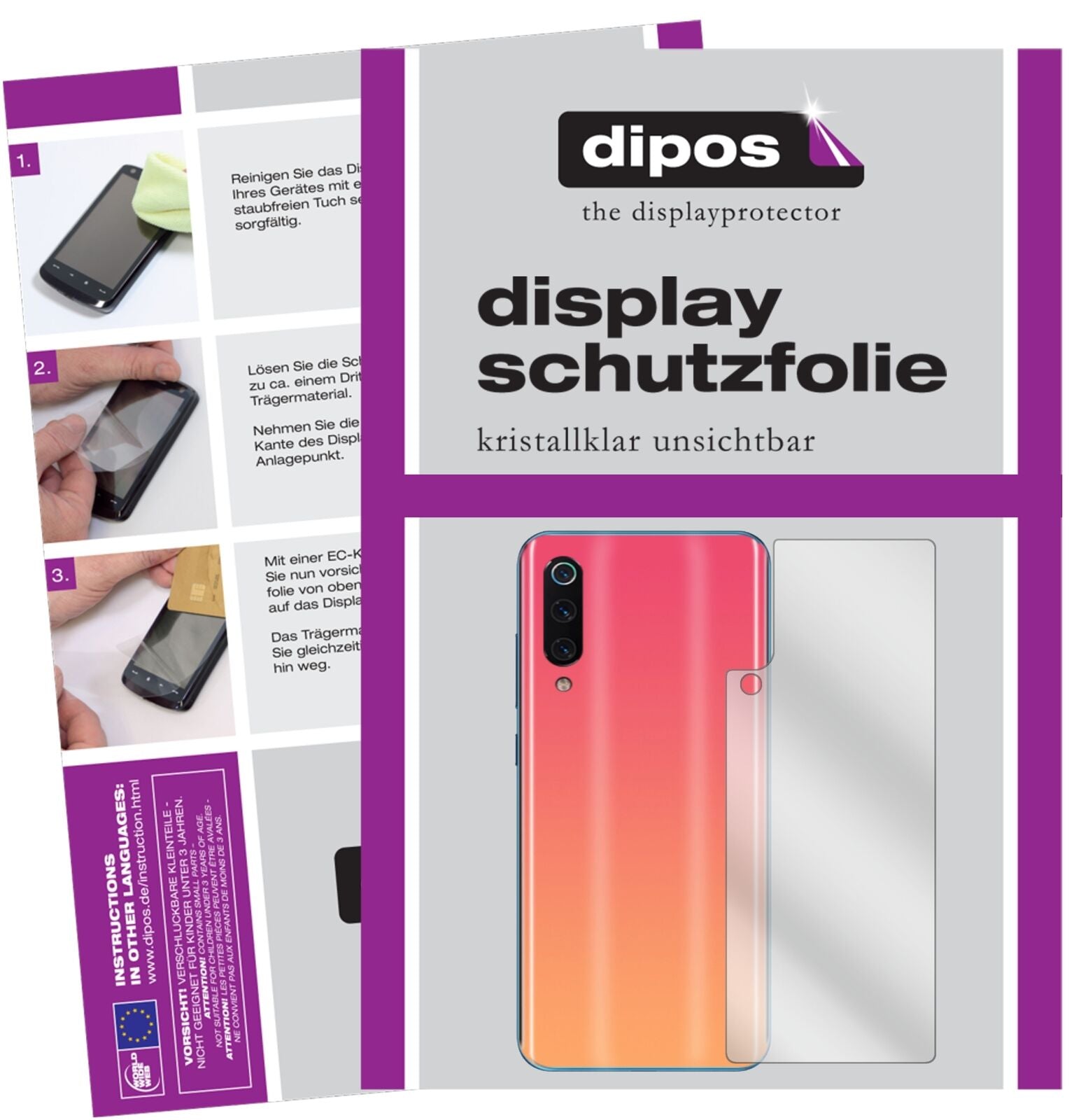 XiaomiMi 9 SE Rückseite mit aufgebrachter dipos Displayschutzfolie, glasklare Darstellung ohne Einschränkungen